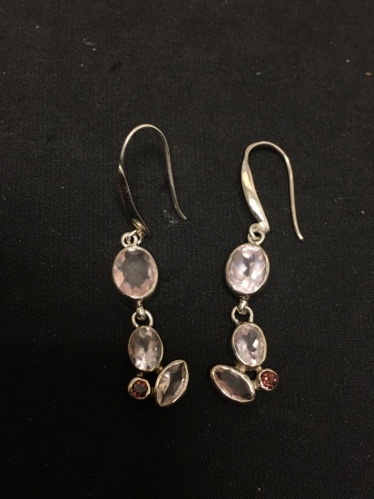 Oval Y& Marquise Faceted Triple Rose Quartz w/ Garnet Accent Starborn Designed 2.25in Long Pair of