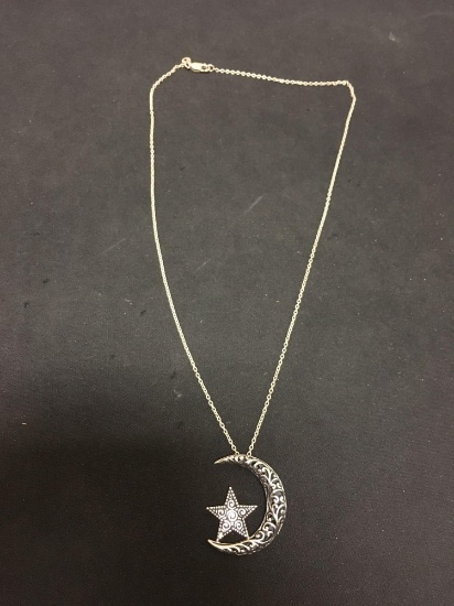 Filigree Decorated Crescent Moon w/ Star Accent 1.5in Tall Sterling Silver Pendant w/ 18in Chain