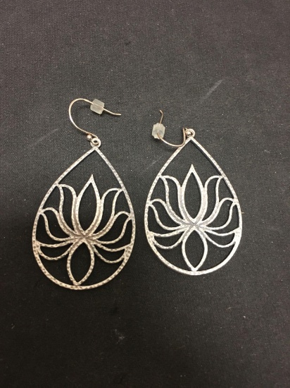 Teardrop Shaped Hammer Finish Lotus Blossom Style Satya Designer 2in Tall Pair of Sterling Silver