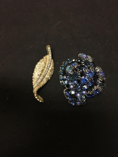Lot of Two Alloy Fashion Brooches, One Austrian Made w/ Blue Crystals & Gold-Tone Leaf w/