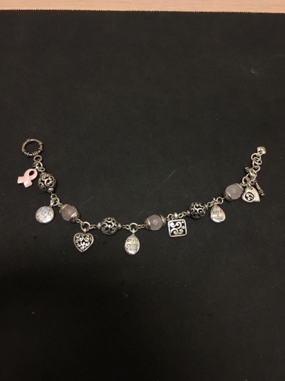 Signed Brighton 9in Long Toggle Bracelet w/ Filigree & Faceted Rose Quartz Beads & Breast Cancer