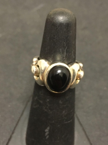 Oval 10x8mm Onyx Cabochon Modern Styled Signed Designer Sterling Silver Ring Band-Size 5