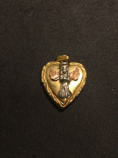 Signed Designer 20mm Tall Engraved Angel Decorated 14kt Gold-Filled Heart Locket Pendant