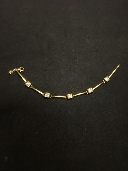 Bezel Set Princess Faceted CZ Stations 7mm Wide 8in Long Gold-Tone Sterling Silver Bracelet