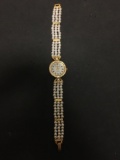 Chanel Designer Round 22mm Rhinestone Accented Gold-Tone Bezel Stainless Steel Watch w/ Faux Pearl