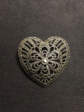 Marcasite Accented Milgrain Filigree Decorated 1.5in Tall Sterling Silver Vintage Heart Brooch