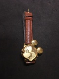 Lorus Designed Disney Mickey Mouse Branded 30mm Bezel Gold-Tone Stainless Steel Watch w/ Leather