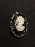 Signed Designer Oval 1.75in Tall Floral Motif Sterling Silver Carved Cameo Brooch