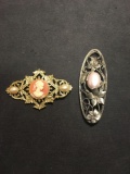 Lot of Two Alloy Vintage Design Faux Pearl & Cameo Decorated Gold & Silver Tone Brooches