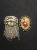 Lot of Two Alloy Brooches, One Rosebud Resin Accented & Abalone Nickel Silver