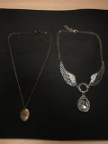 Lot of Two Alloy Necklaces, One Large Angel Wing Motif & Love Motif Pendant w/ Chain