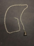 Mekhala Motif Siam Designed 19mm Tall Sterling Silver Bell Pendant w/ Alloy Rolo Link Chain
