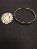Lot of Two Mother of Pearl Items, One Round Carved 38mm Brooch & One 9mm Wide Nickel Silver Bangle
