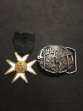 Lot of Two Alloy Items, One Little League Nickel Silver Belt Buckle & Gold-Tone Star War Medal