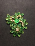 Faux Green & White Colored Round & Marquise Faceted Gem Accented 2.5in Tall Gold-Tone Fashion Brooch