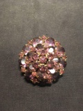 Round Faceted Purple Glass Gem Accented Round 2in Gold-Tone Designer Fashion Brooch & Pearl Strand