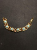 Unique Faux Turquoise, Garnet & Pearl Accented 15mm Wide 7in Long Gold-Tone Alloy Bracelet