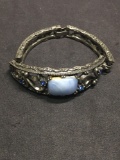 Vintage Filigree Decorated w/ Blue Cabochon Center & Faceted Blue Gem Accents 20mm Wide Tapered