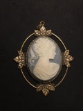 Vintage Oval 2.5in Tall Brass Cameo Center Brooch