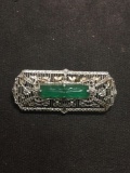 Vintage Floral Filigree Decorated Rectangular 1.75x0.75in Carved Green Center Silver-Tone Fashion