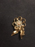 Faux Pearl & Rhinestone Accented 1.5in Tall Flower Motif Gold-Tone Fashion Brooch