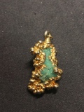 Emerald Druzy Gemstone Center w/ Gold-Tone Nugget Surround Fashion Alloy Pendant