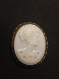 Oval 1.75in Tall Brass Framed White Resin Cameo Center Fashion Brooch