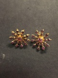 Round Faceted Purple Glass Gem Accented Round 1.25in Gold-Tone Pair of Fashion Earrings