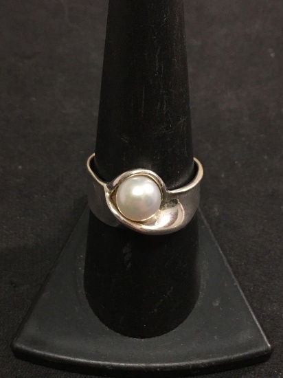 Modernist Pearl Sterling Silver Ring Sz 8.5