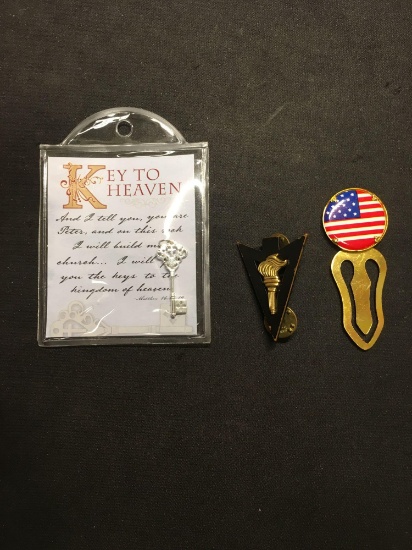 Lot of Three Alloy Items, One American Flag Bookmark, Krew Designed Lodge Medal & Key To Heaven