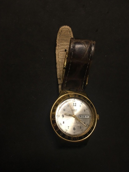 Swatch Designer Round 35mm Gold-Tone Bezel Stainless Steel Watch w/ Leather Strap