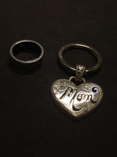 Lot of Two, One MOM Filigree Heart Brighton Brand Keychain & One Inox Designer Cable Ring Band