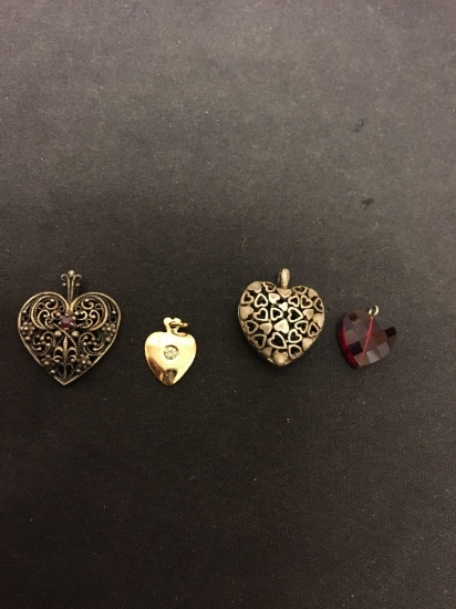 Various Size & Style Heart Motif Pendants, One Locket, One Filigree Decorated, Rhinestone Accented &