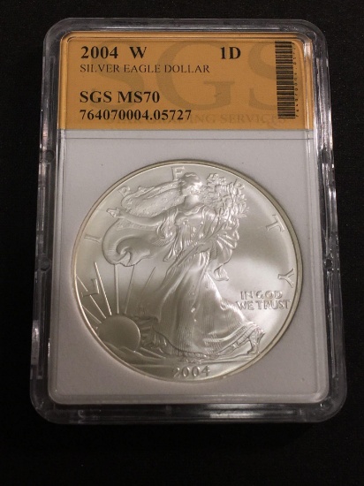 SGS Graded 2004-W American Silver Eagle MS70 PERFECT 1 OZ .999 Fine Silver $1 Coin