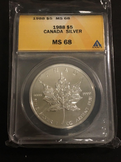 ANACS Graded 1988 $5 Canadian Maple Leaf 1 OZ .9999 Fine Silver Bullion Coin - MS68 MINT STATE