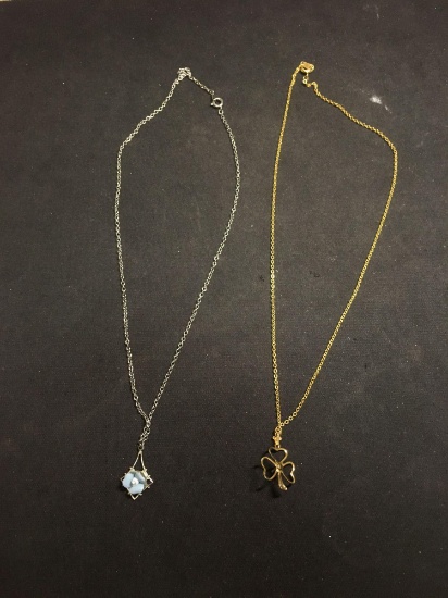 Lot of Two Petite 18in Long Alloy Necklaces, One Gold-Tone 3 Leaf Clover w/ Faux Pearl & One