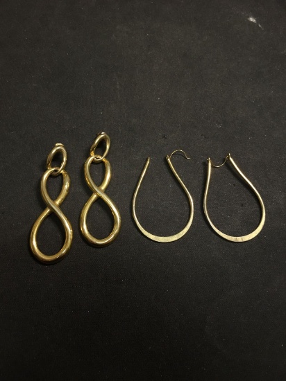 Lot of Two Gold-Tone Alloy 2.5in Long Pairs of Earrings, One Teardrop Shape & One Infinity Style