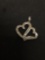 Interlocking Diamond Accented Twin Ribbon Hearts 1.25in Tall Sterling Silver Pendant
