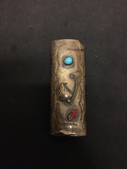 Old Pawn Native American Style 3in Long Sterling Silver Bic Lighter Case w/ Turquoise & Coral