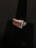 Two Rows Invisible Set Princess Cut Pink CZ w/ White CZ Surround 13mm Wide Tapered Gold-Tone