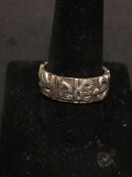 Asian Character & Floral Decorated Hand-Engraving 8.5 mm Wide Sterling Silver Band
