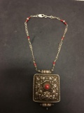 Coral Accented Ornately Decorated Indonesian Styled Large 3x3in Prayer Box Pendant w/ Detailed 16in