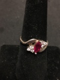 Diagonal Set 8x4 Marquise Faceted Ruby & Rhinestone Sterling Silver Bypass Ring Band - Size 7