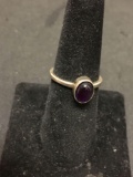 Oval 8x6 Amethyst Cabochon Rustic Sterling Silver Ring Band - Size 7