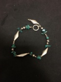 Tumbled Turquoise & Marquise Shaped Sterling Silver 7mm Wide 8in Long Beaded Bracelet