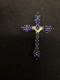 Round Faceted Created Blue Sapphire Encrusted 1.5in Tall 10Kt Gold Accented Sterling Silver Cross