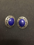 Oval 12x10mm Lapis Cabochon Center Pair of Detailed Sterling Silver Earrings