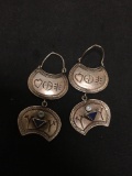 Old Pawn Mexico Styled 2in Long Pair of Sterling Silver Drop Earrings w/ Lapis & Blue Topaz Accents