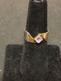 Signed Designer Featured Square Step Faceted 4x4mm Kite Set Amethyst 7mm Wide Sterling Silver Ring