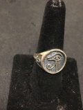 Egyptian Ankh Decorated 17mm Wide Tapered Antique Finished Sterling Silver Ring Band